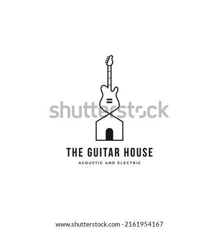 Illustration of guitar with house linear logo icon sign symbol design concept. Vector illustration
