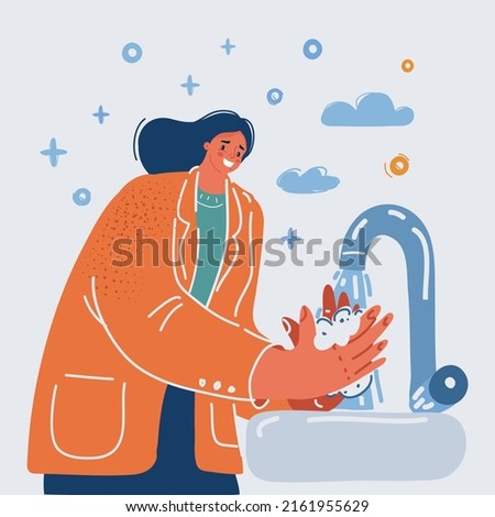Cartoon vector illustration of young girl washing her hands