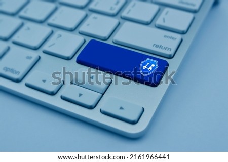 Motorcycle with shield flat icon on modern computer keyboard button, blue tone, Business motorbike insurance online concept