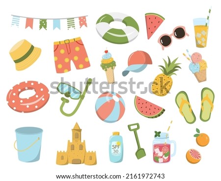 Summer kids beach collection. Cartoon recreation objects, beach clothes sunglasses ball slippers, and drinks. Vector summer vacation set. Isolated on white background. Royalty-Free Stock Photo #2161972743