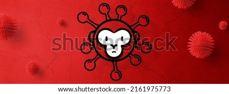 Monkeypox infection pandemic wide banner. Virus design with cells on red background.