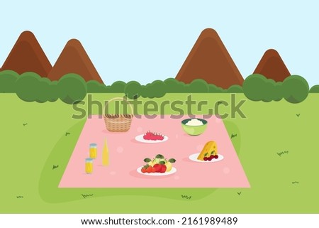 Vector picnic in nature. Fruit, lemonade, basket, food vector illustration. Summer picnic .