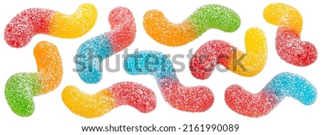 Sour gummy worms isolated on white background, full depth of field Royalty-Free Stock Photo #2161990089