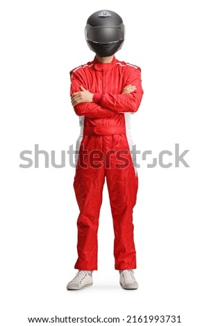 Full length portrait of a motorsport racer in a red suit and black helmet isolated on white background Royalty-Free Stock Photo #2161993731