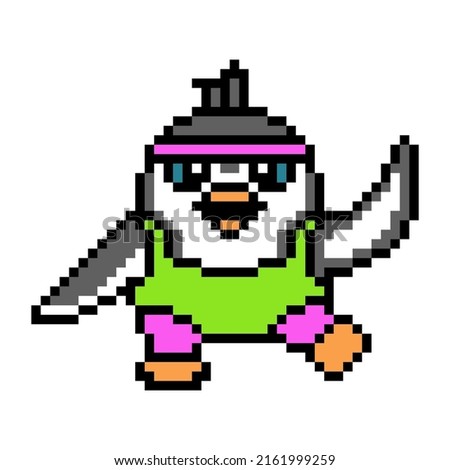 Penguin in 80's aerobics costume working out, cute pixel art animal character isolated on white background. Old school retro 8 bit slot machine, computer, video game graphics. Cartoon fitness mascot.