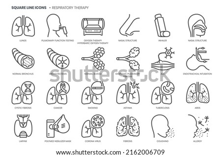 Respiratory therapy related, pixel perfect, editable stroke, up scalable square line vector icon set.  Royalty-Free Stock Photo #2162006709