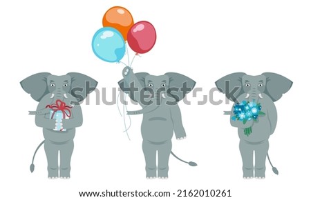 Elephant with different holiday attributes. Animal in cartoon style.