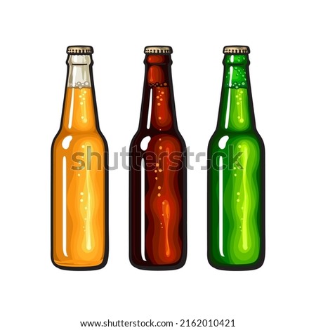 Three bottles of light and dark beer, soda or lemonade. Vector illustration isolated on white background.