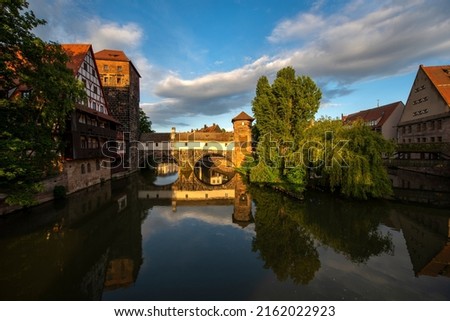 Evening landscape of the old evening city of Nuremberg in Germany.