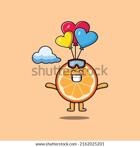 Cute cartoon Orange fruit mascot is skydiving with balloon and happy gesture cute modern style
