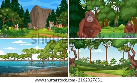 Different forest scenes with wild animals illustration