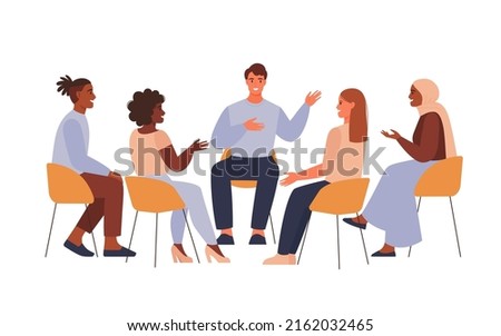 Group therapy session. Different people sitting in circle and talking. Сoncept of group therapy, counseling, psychology, help, conversation. Flat vector illustration. Royalty-Free Stock Photo #2162032465