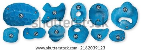 set collection of various blue artificial climbing holds isolated on white background wth clipping path. indoor sport bouldering extreme sport concept Royalty-Free Stock Photo #2162039123