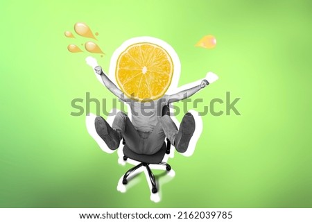 Picture of model with big half of orange fruit instead head