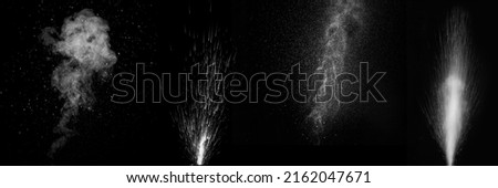 Set of different curly white steam and splashing water splashing isolated on black background. Abstract background, design element. Evaporation of liquid and condensation. Royalty-Free Stock Photo #2162047671