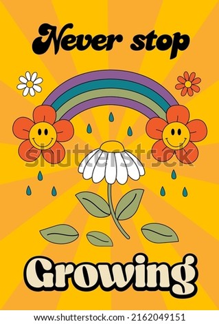 retro poster with rainbow, flowers