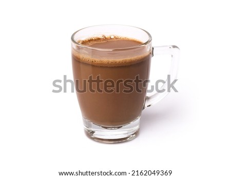 Glass mug of hot chocolate drink isolated on white background with clipping path.