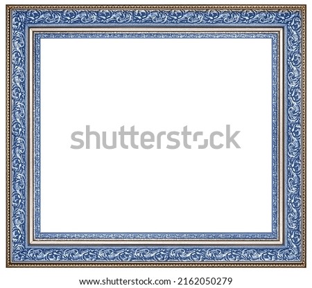 Color Light Blue Classic Old Vintage Wooden mockup canvas frame isolated on white background. Design element. use for framing paintings, mirrors or photo. Royalty-Free Stock Photo #2162050279