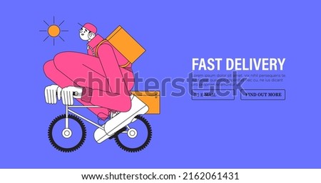Delivery service for commercial and private interests web banner, landing page. Courier on bike with thermal bag delivering food or package box to client. Fast, express city package delivery. 