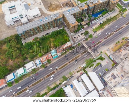Aerial view intersection transport road with car movement city building transport background