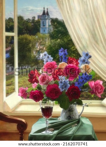 Still life with bouquet of beautiful flowers in the interior
