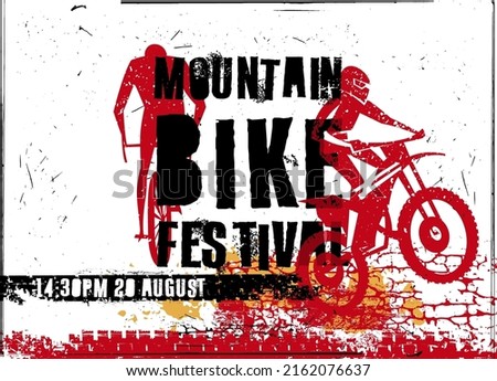 Mountain bike festival poster. Extreme offroad freestyle adventure background with creative grunge lettering. Vector illustration in black, red color useful for advert, print, leaflet, flier design