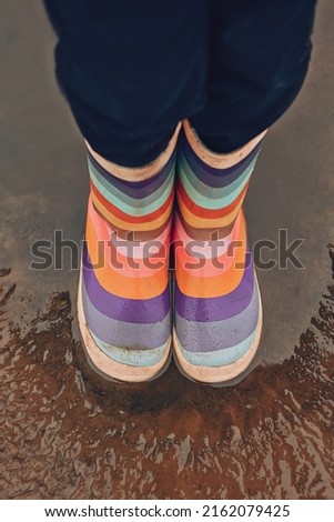 Rubber multicolored boots close-up in a puddle on the street Royalty-Free Stock Photo #2162079425