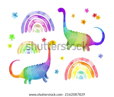 Cute dinosaurs, rainbows, flowers set. Decorative childish dino bundle. Watercolor kids clip art design