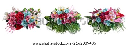 Set fo Lilies and roses with leaves isolated on white background . Beautiful bouquet. creative concept spring flowers,clipping path included.