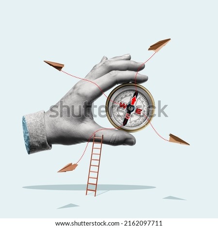 Compass in a man's hand. Business development in different directions. Art collage. Royalty-Free Stock Photo #2162097711