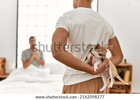 Two hispanic men couple surprise with chihuahua on back at bedroom