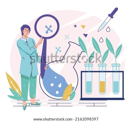 Scientist in laboratory exploring new methods of plant breeding and studying genome. Bioengineering and agronomy researches, vector cartoon flat illustration isolated on background. Royalty-Free Stock Photo #2162098397
