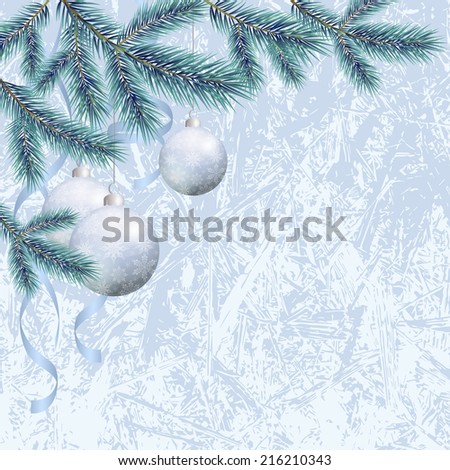 Background for Christmas holiday design, spruce branches and balls with snowflakes. Eps10, contains transparencies. Vector