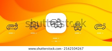Road traffic accidents set icon. Overheat, fire, collision, crash, car, driver, attention. Warning signs concept. Infographic timeline with icons and 5 steps Vector line icon for Business.