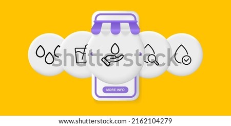 Water drops set icon. Drink, glass and straw, hand, liquid, magnifying glass, tick, approved, quality, save, clean. Ecology concept. UI phone app screen. Vector line icon for Business and Advertising.