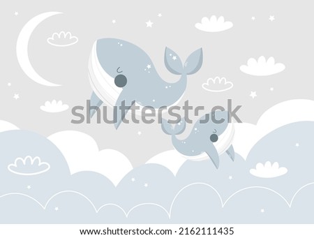 Vector children hand drawn color cute whale in the sky, clouds and moon illustration in scandinavian style. Kids wallpaper design. Baby room design, wall decor. 