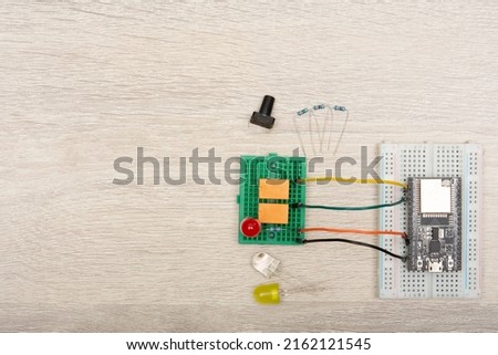 STEM Microcontroller Concept and DIY Electronic Kit. Science, Technology, Engineering and Mathematics education concept. frame collage with copy space. Royalty-Free Stock Photo #2162121545