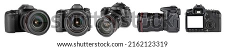 set collection of professional DSLR photo camera body with zoom lens in various angles isolated on white background. media technology and photography concept Royalty-Free Stock Photo #2162123319
