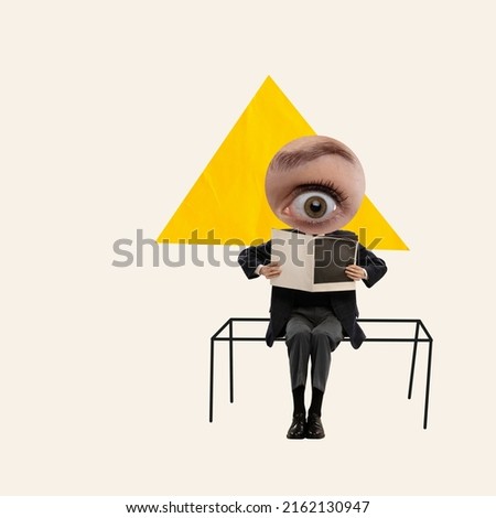 Conatemporary art collage. Man in a suit with giant female eye head reading newspaper. Shocked information. Concept of surrealism, news, creativity, imagination, business, Colorful design