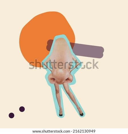 Contemporary art collage. Giant human nose on slender female legs isolated over white background. Surreal artwork. Concept of imagination, creativity, fun, poster, psychedelic design Royalty-Free Stock Photo #2162130949