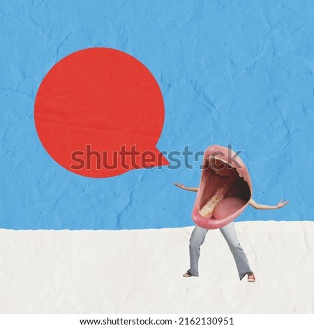 Contemporary art collage. Giant female mouth on legs expressively shouting isolated over blue background. Loud talk. Concept of creativity. imagination, fun, surrealism, communication, news