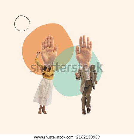 Contemporary art collage. Young people with human palm head dancing isolated over white background. Retro dance style. Party time. Concept of surrealism, creativity, inspiration, artwork