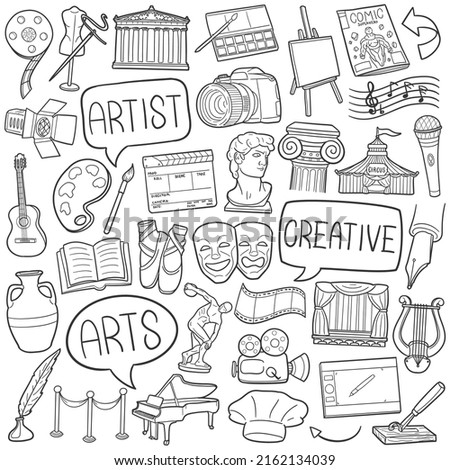 Arts Doodle Icons. Hand Made Line Art. Artist Clipart Logotype Symbol Design.