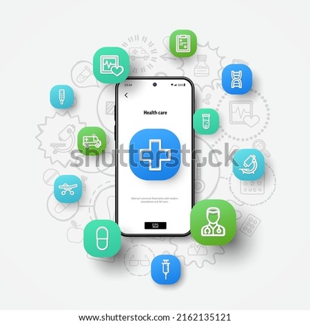 Healthcare, medicine business, health care, online doctor and medical support concept. Realistic smartphone mockup, 3d icons flying over screen on hand drawn sketch, doodle design background. Vector