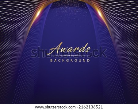 Golden Blue Side Dotted Award Background. Traditional Style Sparkle Glowing Effect. Jubilee Night Decorative Invitation. New Trend Shining Marketing Visual. Golden Glitter Shining Trophy on Stage Royalty-Free Stock Photo #2162136521