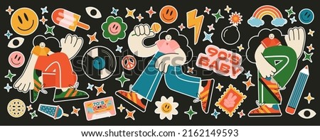 Retro 70s, 80s, 90s hippie stickers, psychedelic acid elements. with  emo characters, retro girls. Cartoon funky drinks, flowers, rainbow, vintage hippie style vector elements set. Royalty-Free Stock Photo #2162149593