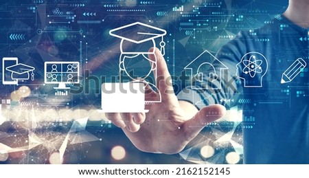 Distance learning theme with a man on blurred city background