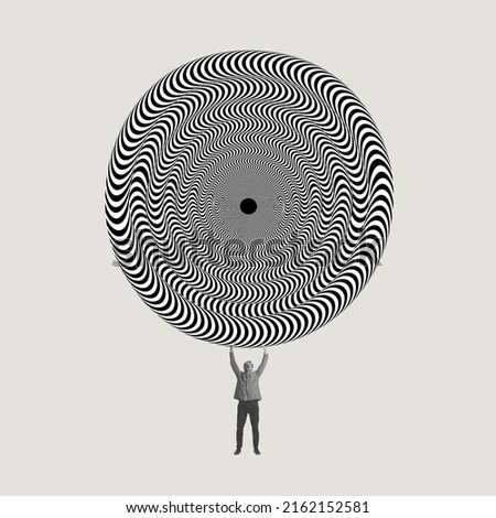 Strong man raising huge circle with pattern of optical illusion over his head isolated on light background. Contemporary collage. Concept of emotions, human rights, optical illusion, ideas, aspiration Royalty-Free Stock Photo #2162152581