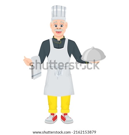 A cartoon cheerful male chef holds a silver dish and a towel. Smiling old chef, highlighted on a white background. Vector illustration for menus, games or banners.