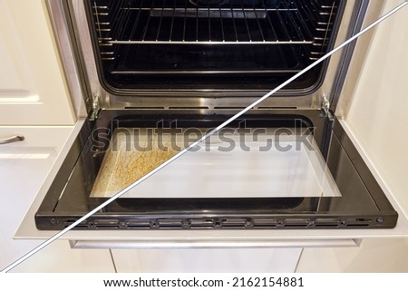 Dirty and clean oven, before and after cleaning and washing the stove glass. Washed grease on the oven window door, collage Royalty-Free Stock Photo #2162154881